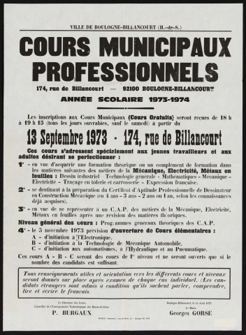 Cours municipaux professionnels, année scolaire 1973-1974,