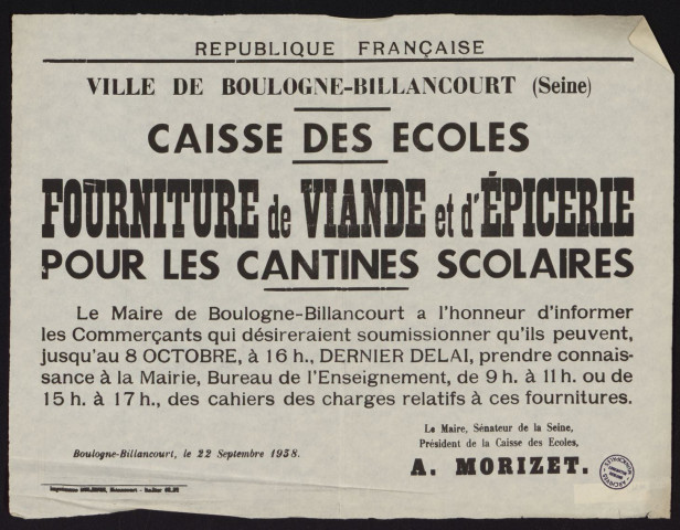 Caisse des écoles : fourniture de viande et d'épicerie pour les cantines scolaires,