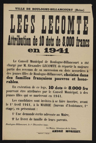 Legs Lecomte : attribution de 10 dots de 8000 francs en 1942,