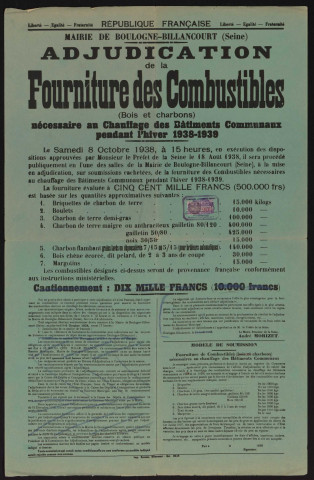 Adjudication de la fourniture de combustibles nécessaire au chauffage des bâtiments communaux pendant l'hiver 1938-1939,