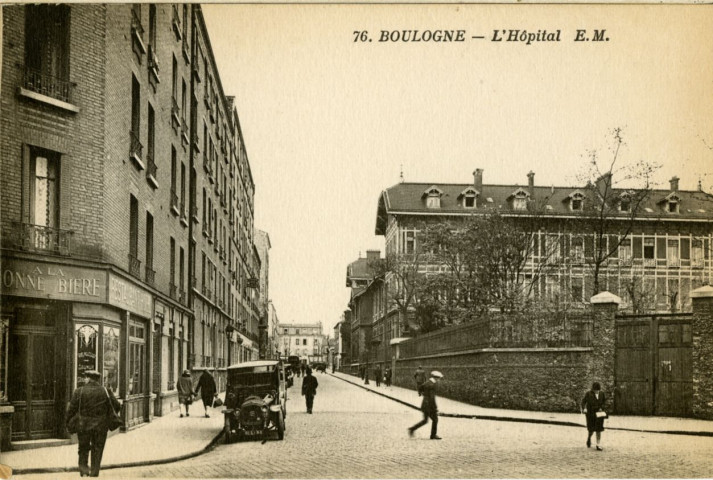 76 - Boulogne - L'Hôpital, Boulogne-Billancourt . rue Yves Kermen . - perspective - Au premier plan à gauche, un restaurant hôtel "A la bonne bière", à droite une partie des bâtiments de l'hôpital Ambroise Paré correspondant à l'aile côté des dames