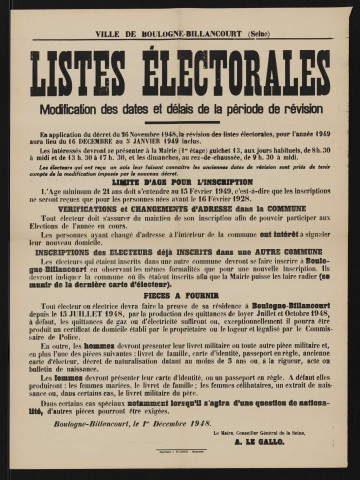 Listes électorales : modification des dates et délais de la période de révision,