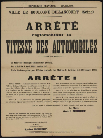 Arrêté réglementant la vitesse des automobiles,