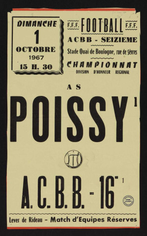 Football, championnat division d'honneur régional : AS Poissy contre ACBB 16e,