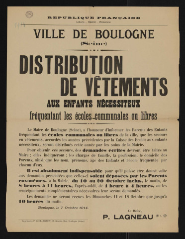 Distribution de vêtements aux enfants nécessiteux fréquentant les écoles communales ou libres,