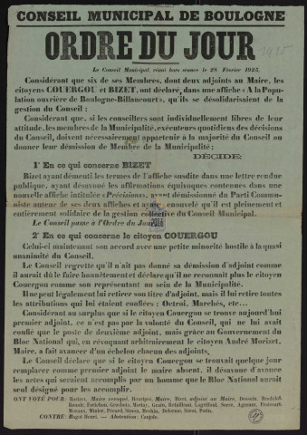 Conseil municipal : ordre du jour [au sujet de prises de position des adjoints Couergou et Bizet],