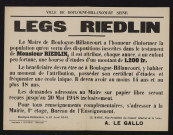 Legs Riedlin [d'une bourse d'études en faveur d'un écolier fréquentant une école laïque],