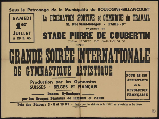 Grande soirée internationale de gymnastique artistique pour le 150e anniversaire de la Révolution française,