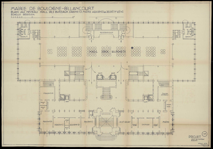 Plans n°68 à 101.68 : Plan des sous-sol et fondations (02/02/1928)69 : Plan au niveau des entrée, bibliothèque, police, commissions (29/01/1928)70 : Plan au niveau des bureaux, cabinets du maire, adjoints, secrétaire général (30/01/1928)71 : Plan au niveau bureaux, salle des fêtes, mariages, conseil (31/01/1928)72 : Plan du deuxième étage (23/03/1928)73 : Plan au niveau des archives (25/03/1928)74 : Plan au niveau des terasses (25/03/1928)75 : Façade sur les jardins (05/03/1928)76 : Façade sur la rue de Chateaudun (15/03/1928)77 : Coupe transversale (21/03/1928)78 : Coupe longitudinale (04/04/1928)79 : Façade latérale (04/04/1928)80 : Plan de la salle du conseil et de ses abords (06/07/1928)87 : Plan au sous-sol - projet (10/1929)88 : Plan au niveau des rues et jardins - projet (2 ex) (01/10/1929)89 : Plan au niveau du hall et des bureaux - projet (2 ex) (01/10/1929)90 : Plan au niveau des bureaux et de la salle des fêtes - projet (2 ex) (01/10/1929)91 : Pla du deuxième étage - projet (2 ex) (01/10/1929)92 : Plan du troisième étage, archives - projet (01/10/1929)93 : Plan des terasses - projet (2 ex) (01/10/1929)94 : Coupe transversale - projet (2 ex) (01/10/1929)95 : Coupe longitudinale - projet (2 ex) (01/10/1929)96 : Façade sur les jardins - projet (2 ex) (01/10/1929)97 : Façade rue de Chateaudun (01/10/1929)98 : Façade latérale - projet (01/10/1929)99 : Détails entrée coté jardins - projet (2 ex) (01/10/1929)100 : Détails des travées des bureaux - projet (01/10/1929)101 : Coupe sur les machines et l'escalier - projet (2 ex) (01/10/1929)