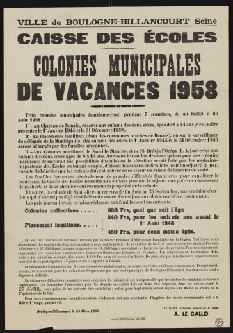 Caisse des écoles : colonies municipales de vacances,