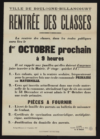 Rentrée des classes [le] 1er octobre,