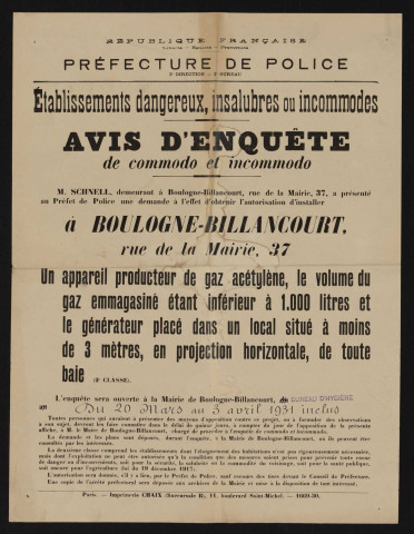 Avis d'enquête de commodo et incommodo : rue de la Mairie 37, M. Schnell : installation d'un appareil producteur de gaz acétylène.