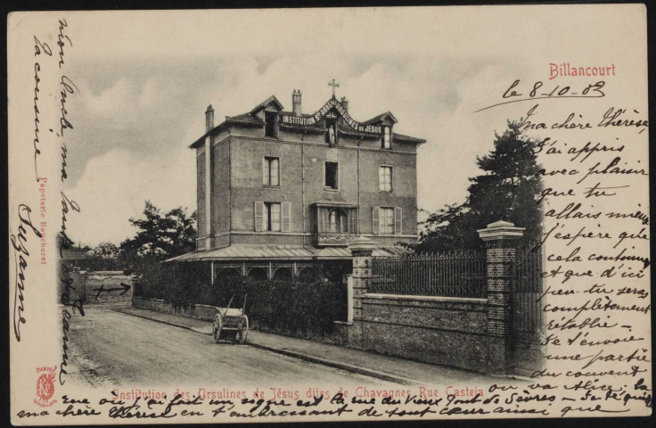 Institution des Ursulines de Jésus dite de Chavagnes Rue Casteja, Boulogne-Billancourt . rue Casteja . - Institution Saint-Anne des Ursulines de Jésus - Au premier plan, à gauche, la rue Casteja. Au centre, le pensionnat pour jeunes filles, côté cour (entrée au 184 rue du Vieux-Pont-de-Sèvres).Au second plan, à gauche, la rue du Vieux-Pont-de-Sèvres et l'entrée de l'usine de céramique Gentil-Bourdet