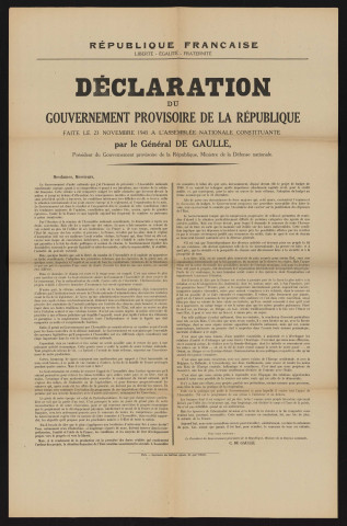 Déclaration du gouvernement provisoire de la République faite le 23 novembre 1945 à l'Assemblée nationale constituante par le Général de Gaulle,