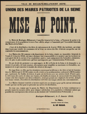 Union des maires patriotes de la Seine : mise au point |suite aux incidents lors de la distribution des titres de rationnement],