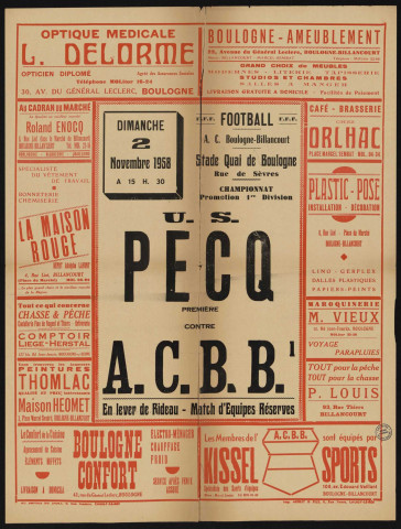 Football, championnat de Paris, championnat promotion 1re division : US Pecq première contre ACBB, Nombreuses publicités d'entreprises.