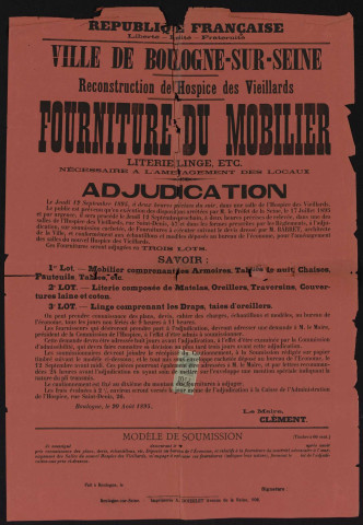 Reconstruction de l'hospice des vieillards : fourniture du mobilier, literie, linge, etc. nécessaire à l'aménagement des locaux : adjudication,