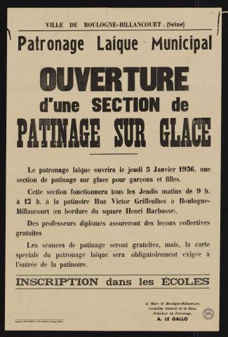 Patronage laïque municipal : ouverture d'une section de patinage sur glace,