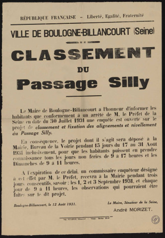 Classement du passage Silly,