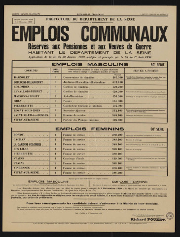 Emplois communaux réservés aux pensionnés et aux veuves de guerre habitant le département de la Seine, Recrutement à Boulogne-Billancourt d'un jardinier-floriculteur-horticulteur.