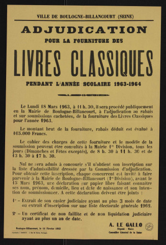 Adjudication pour la fourniture des livres classiques pendant l'année scolaire 1963-1964,