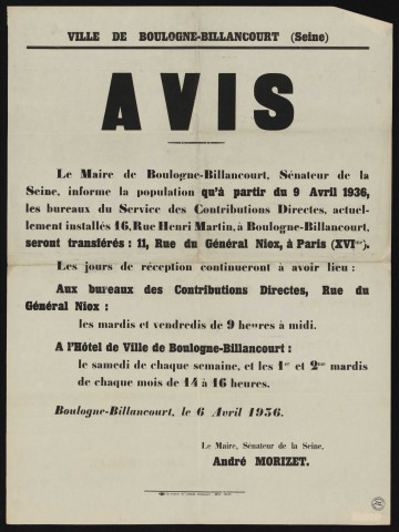 [Transfert du service des contributions directes à Paris],