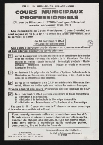 Cours municipaux professionnels, année scolaire 1973-1974,