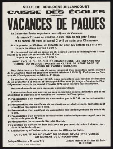 Caisse des écoles : vacances de Pâques,