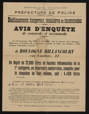 Avis d'enquête de commodo et incommodo : rue Vauthier 32, Etablissements Don Bril et Léon Bril : dépôt de 22 000 litres de liquides inflammables de la 1re catégorie, en réservoirs souterrains