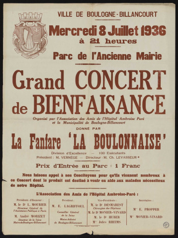 Grand concert de bienfaisance organisé par l'Association des amis de l'hôpital Ambroise-Paré et la municipalité de Boulogne-Billancourt donné par la fanfare La Boulonnaise,