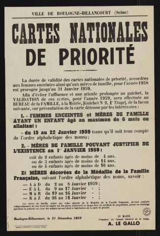 Cartes nationales de priorité [pour femmes enceintes et mères de famille],