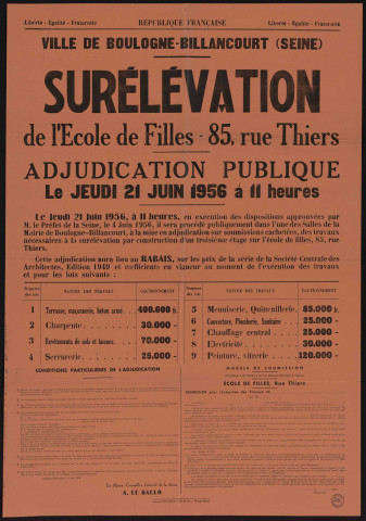 Surélévation de l'école de filles 85 rue Thiers : adjudication publique,