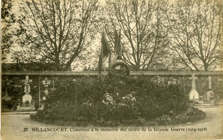 27 - Billancourt - Cimetière à la mémoire des morts de la Grande Guerre (1914-1918), Boulogne-Billancourt . avenue Pierre Grenier . - Cimetière Pierre Grenier, mémorialMémorial en l'honneur des morts de la 1ere guerre mondiale