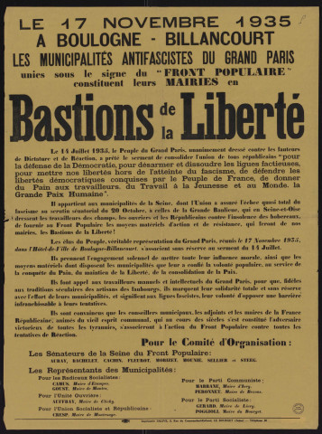 Le 17 novembre 1935 à Boulogne-Billancourt les municipalités antifascistes du grand Paris unies sous le signe du Front populaire constituent leurs maires en bastions de la Liberté,