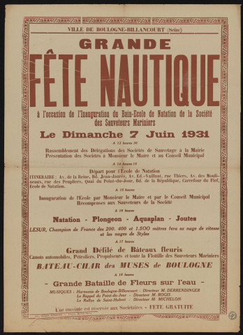 Grande fête nautique à l'occasion de l'inauguration du bain-école de natation de la Société des sauveteurs mariniers ,