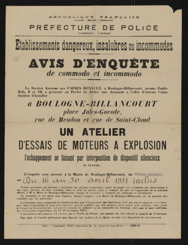 Avis d'enquête de commodo et incommodo : place Jules-Guesde, rue de Meudon et rue de Saint-Cloud, Société anonyme des Usines Renault : installation d'un atelier d'essais de moteurs à explosion.