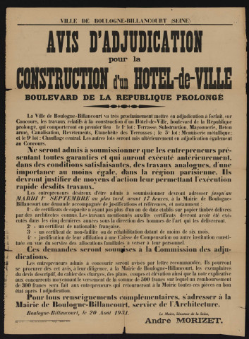 Avis d'adjudication pour la construction d'un hôtel-de-ville boulevard de la République prolongé ,