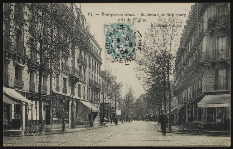 63 - Boulogne-sur-Seine - Boulevard de Strasbourg pris de l'Eglise, Boulogne-Billancourt . boulevard Jean Jaurès . - perspectiveScène de rue, des commerces sur chaque trottoir. Au premier plan, à gauche "Le Crédit Lyonnais". A droite, le café "J.Ricard"