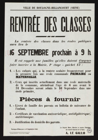 Rentrée des classes [le] 16 septembre, Affiche annotée "18 septembre"