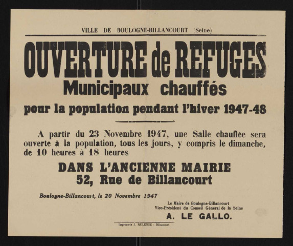 Ouverture de refuges municipaux chauffés pour la population pendant l'hiver 1947-48,