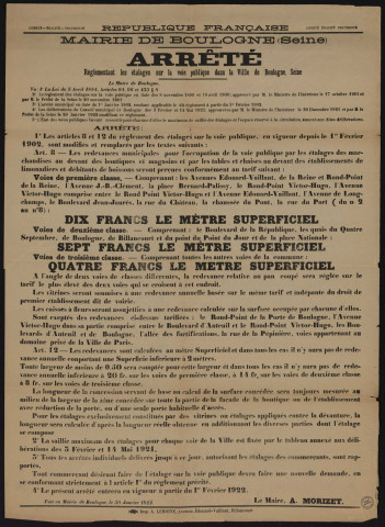 Arrêté réglementant les étalages sur la voie publique dans la ville de Boulogne,