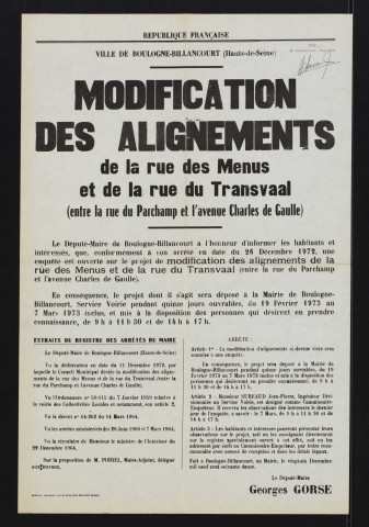 Modification des alignements de la rue des Menus et de la rue du Transvaal,