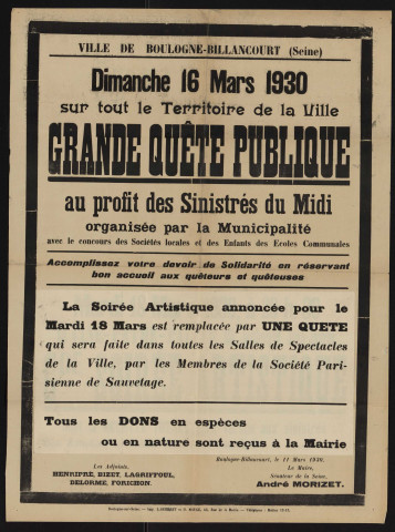 Grande quête publique au profit des sinistrés du Midi,