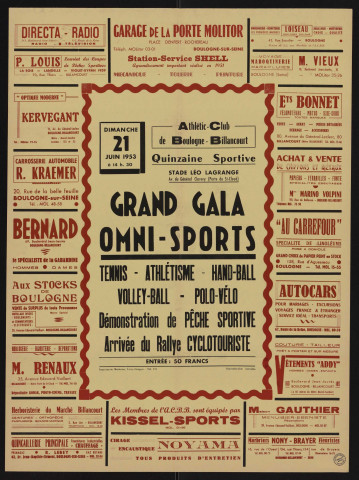 Quinzaine sportive, grand gala omni-sports, Nombreuses publicités d'entreprises.