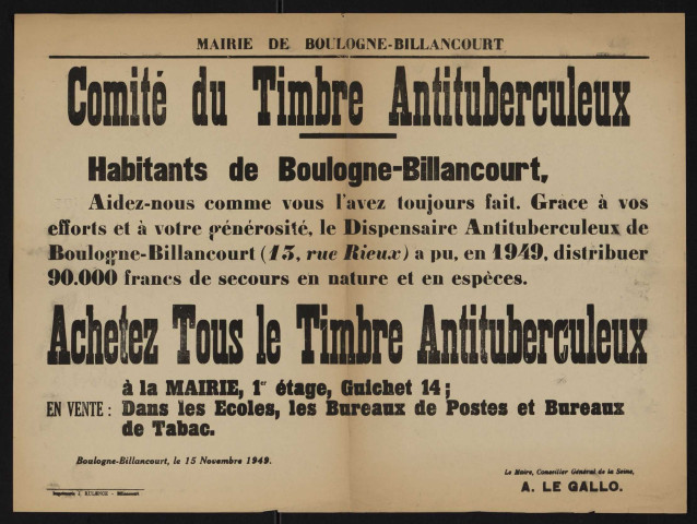 Comité du timbre antituberculeux : achetez tous le timbre antituberculeux,