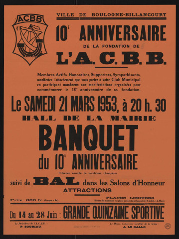 10e anniversaire de la fondation de l'ACBB : banquet [et] bal,