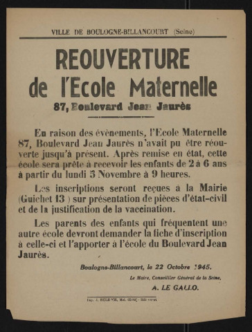 Réouverture de l'école maternelle 87 boulevard Jean-Jaurès,