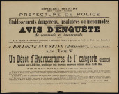 Avis d'enquête de commodo et incommodo : rue Gustave-Sandoz (bâtiment S7), Société anonyme des Usines Renault : installation d'un atelier d'application à froid sur des supports quelconques, de vernis préparés au moyen de liquides inflammables, odorants ou toxiques [...] ; d'un dépôt de liquides inflammables de la 1re catégorie devant subir des transvasements [...]