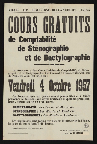 Cours gratuits de comptabilité, de sténographie et de dactylographie àÉ,