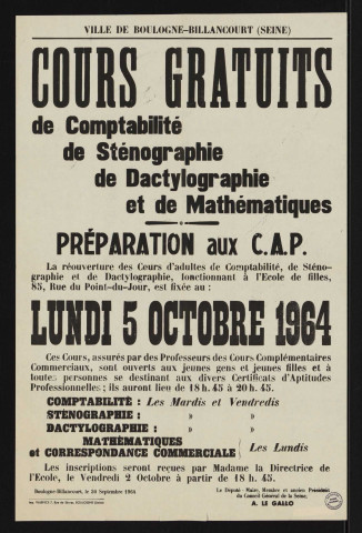 Cours gratuits de comptabilité, de sténographie, de dactylographie et de mathématiques, préparation aux CAP éàÉ,